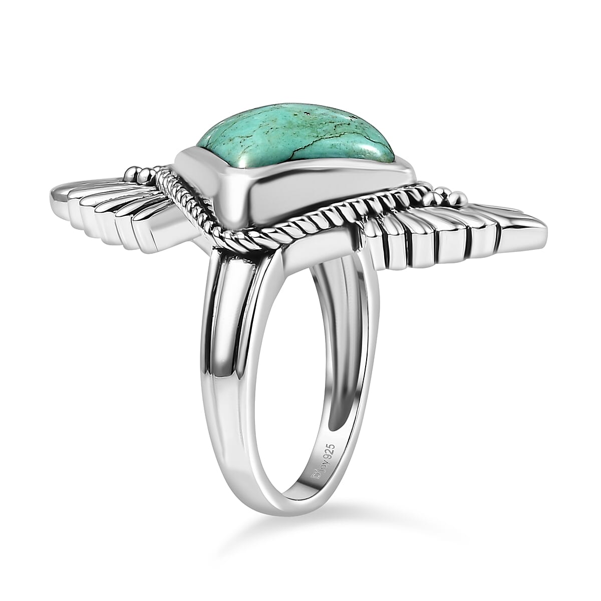D'Joy Artisan Crafted Royston Turquoise 5.80 ctw Feather Ring in Sterling Silver (Size 9.0)
