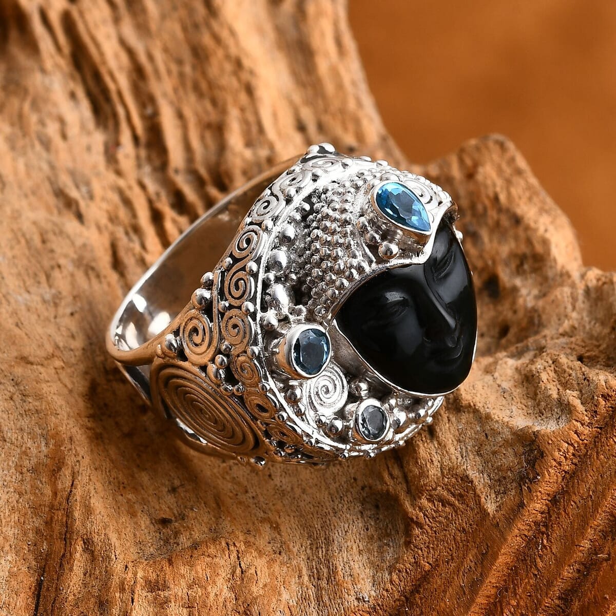 Sajen Silver Rainbow Obsidian Carved and Multi Gemstone 8.00 ctw Ring in Sterling Silver (Size 10.0) image number 1