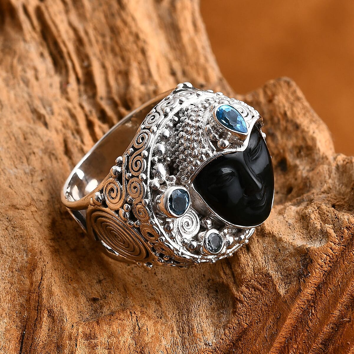 Sajen Silver Rainbow Obsidian Carved and Multi Gemstone 8.00 ctw Ring in Sterling Silver (Size 9.0) image number 1