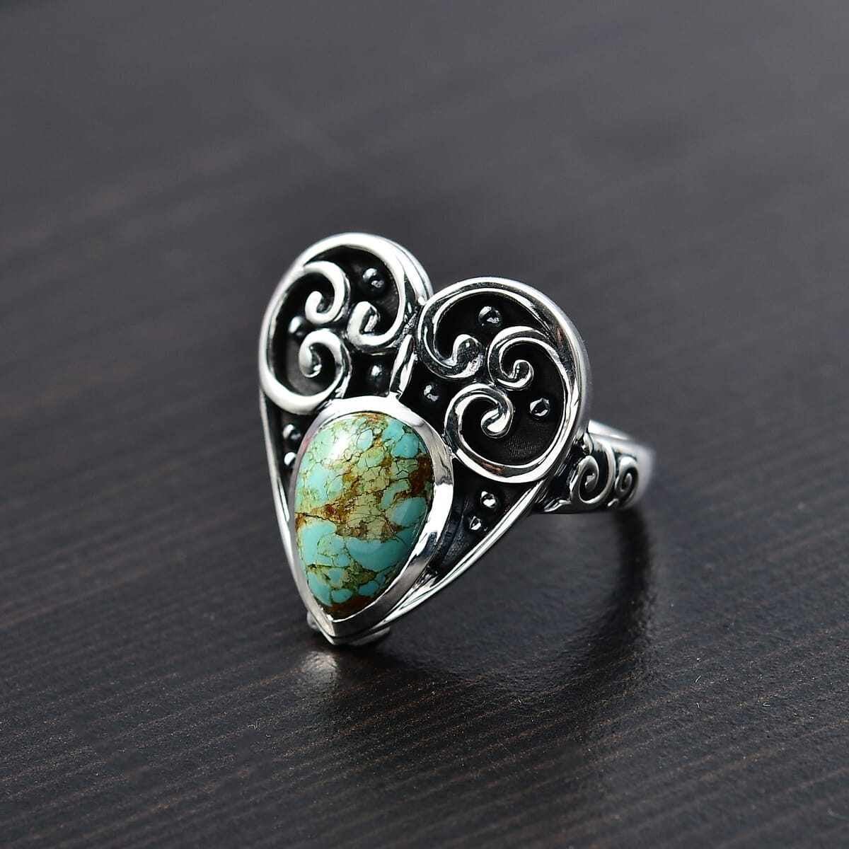 D'Joy Artisan Crafted Royston Turquoise 3.00 ctw Heart Ring in Sterling Silver (Size 9.0) image number 1