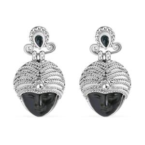 Sajen Silver Rainbow Obsidian Carved and Apatite 9.20 ctw Buddha Earrings in Sterling Silver