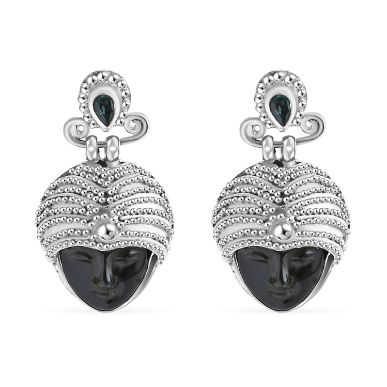 Sajen Silver Rainbow Obsidian Carved and Apatite 9.20 ctw Buddha Earrings in Sterling Silver