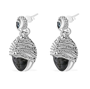 Sajen Silver Rainbow Obsidian Carved and Apatite 9.20 ctw Buddha Earrings in Sterling Silver