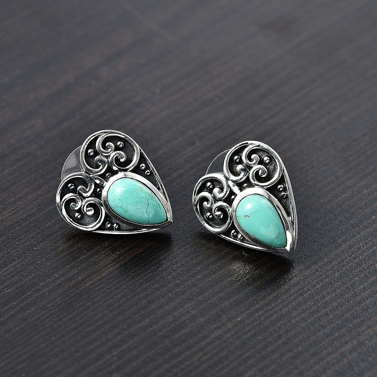 D'Joy Artisan Crafted Royston Turquoise 3.70 ctw Heart Earrings in Sterling Silver image number 1