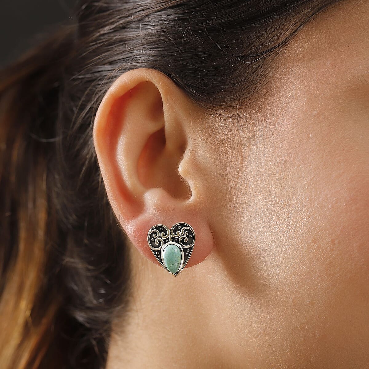D'Joy Artisan Crafted Royston Turquoise 3.70 ctw Heart Earrings in Sterling Silver image number 2