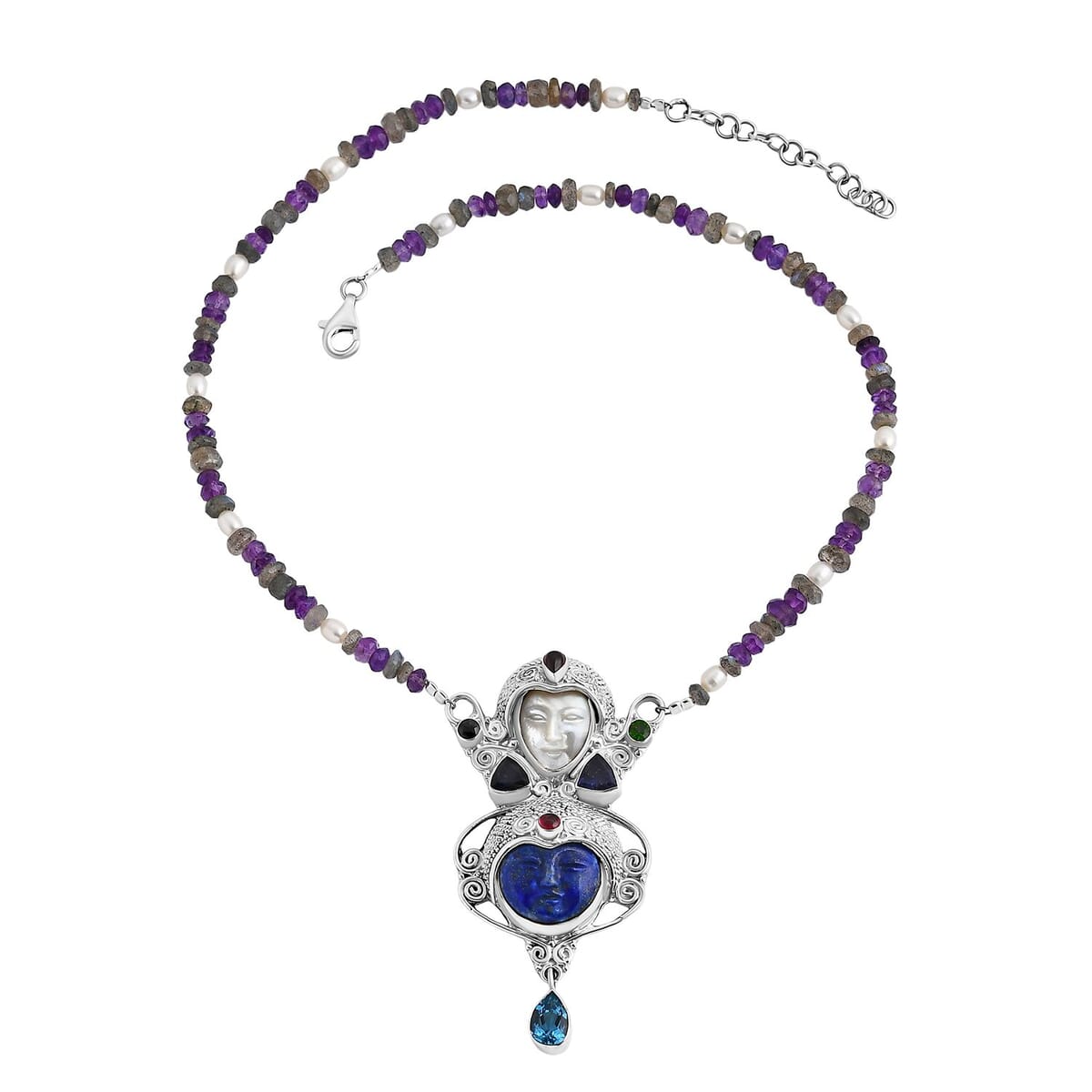 Sajen Silver Lapis Lazuli Carved and Multi Gemstone 15.85 ctw Necklace in Sterling Silver 20 Inches image number 0
