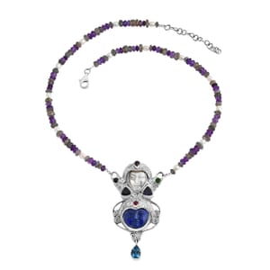 Sajen Silver Lapis Lazuli Carved and Multi Gemstone 15.85 ctw Necklace in Sterling Silver 20 Inches