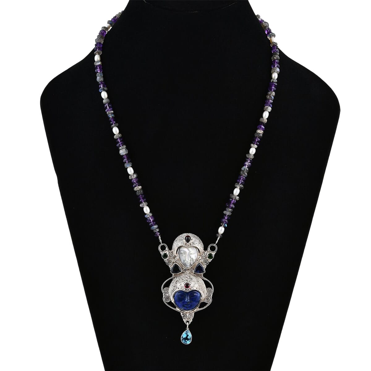 Sajen Silver Lapis Lazuli Carved and Multi Gemstone 15.85 ctw Necklace in Sterling Silver 20 Inches image number 1