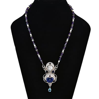 Sajen Silver Lapis Lazuli Carved and Multi Gemstone 15.85 ctw Necklace in Sterling Silver 20 Inches