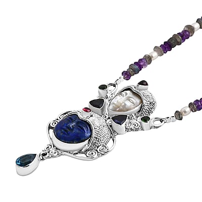 Sajen Silver Lapis Lazuli Carved and Multi Gemstone 15.85 ctw Necklace in Sterling Silver 20 Inches