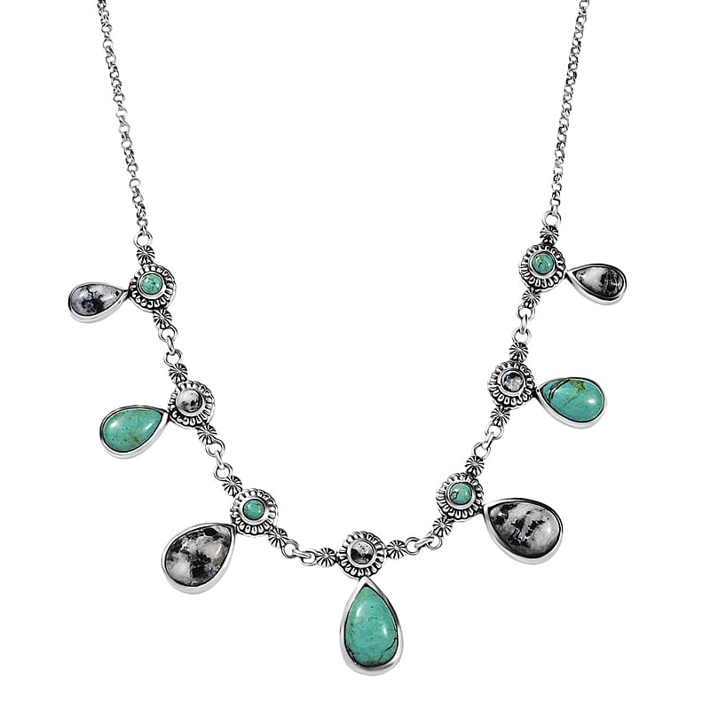 D'Joy Artisan Crafted Royston Turquoise and White Buffalo 24.60 ctw Western Heritage Necklace in Sterling Silver (18-20 Inches)