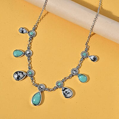 D'Joy Artisan Crafted Royston Turquoise and White Buffalo 24.60 ctw Western Heritage Necklace in Sterling Silver (18-20 Inches)