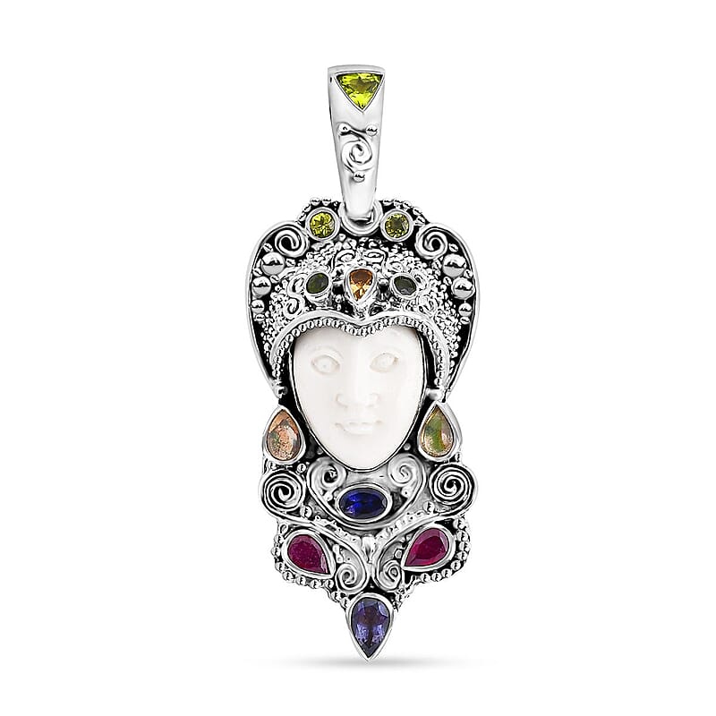 Sajen Silver Carved Bone and Multi Gemstone 3.85 ctw Pendant without Chain in Sterling Silver