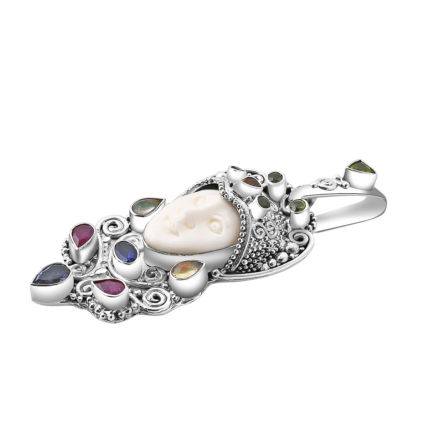 Sajen Silver Carved Bone and Multi Gemstone 3.85 ctw Pendant without Chain in Sterling Silver
