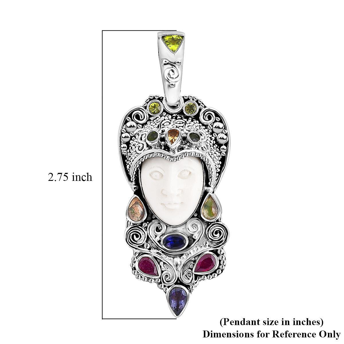 Sajen Silver Carved Bone and Multi Gemstone 3.85 ctw Pendant without Chain in Sterling Silver