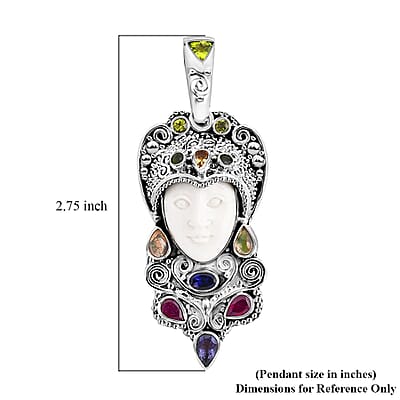 Sajen Silver Carved Bone and Multi Gemstone 3.85 ctw Pendant without Chain in Sterling Silver