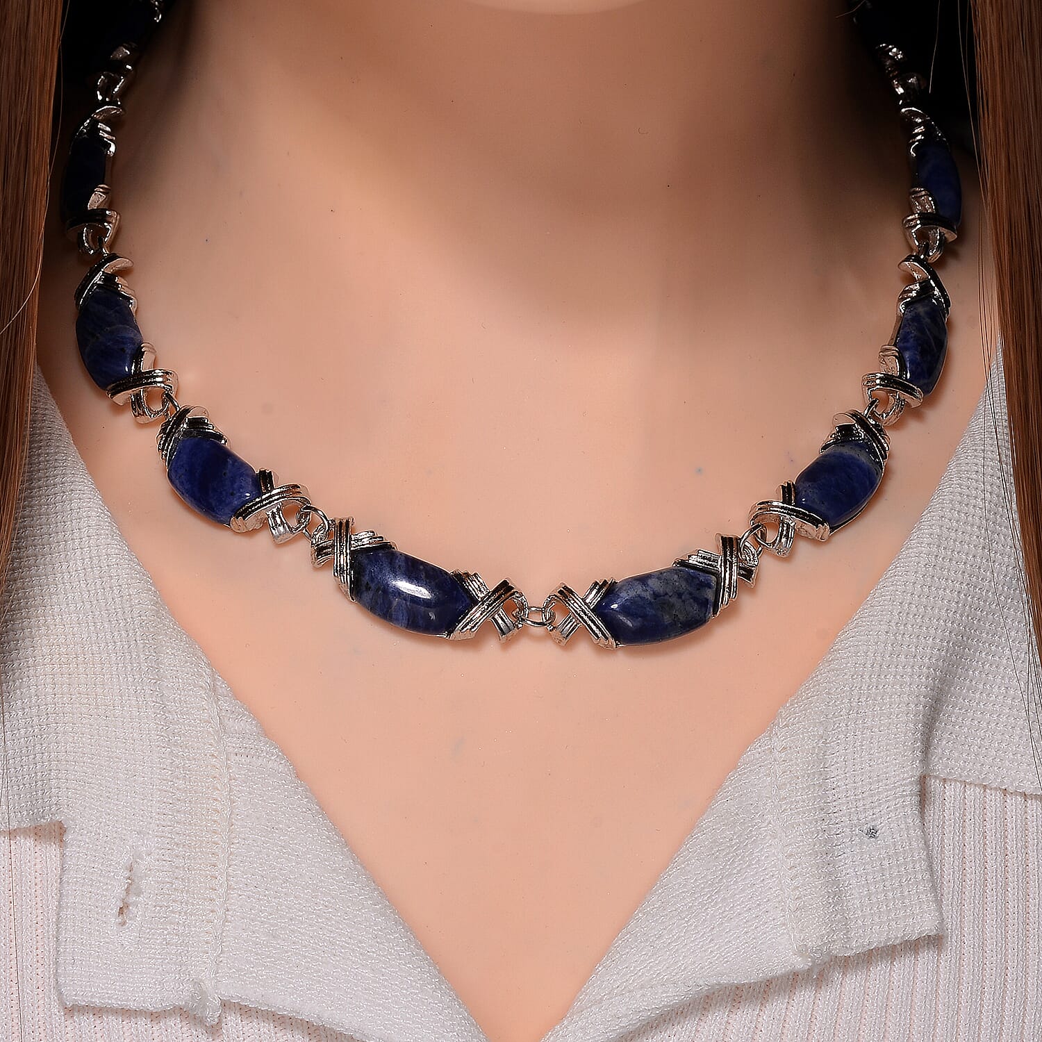 Sodalite 250.00 ctw Molto Kiss Necklace in Silvertone 18-20 Inches