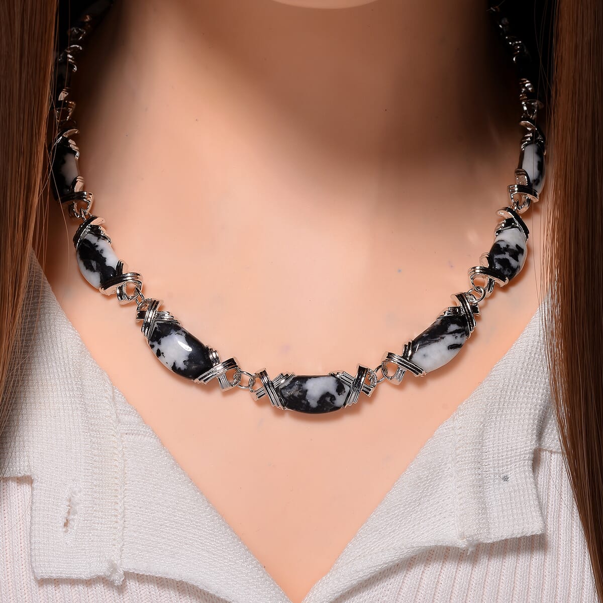 Grey Zebra Jasper 250.00 ctw Molto Kiss Necklace in Silvertone 18-20 Inches image number 1