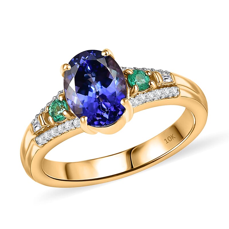 Luxoro AAA Tanzanite, Boyaca Colombian Emerald and I2 Diamond 2.10 ctw Ocean Serenade Ring in 10K Yellow Gold (Size 10.0)
