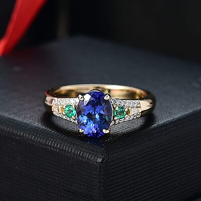 Luxoro AAA Tanzanite, Boyaca Colombian Emerald and I2 Diamond 2.10 ctw Ocean Serenade Ring in 10K Yellow Gold (Size 10.0)