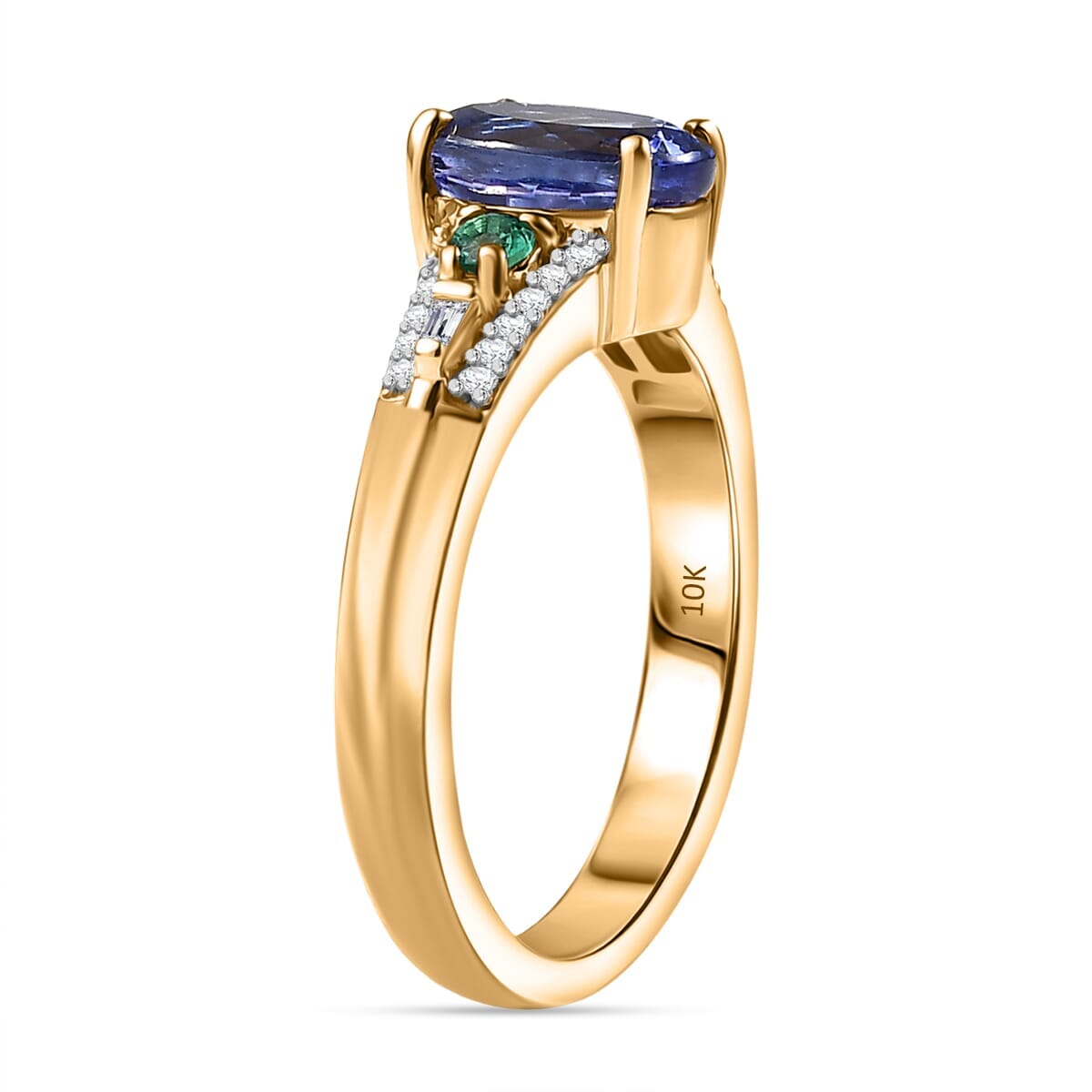 Luxoro AAA Tanzanite, Boyaca Colombian Emerald and I2 Diamond 2.10 ctw Ocean Serenade Ring in 10K Yellow Gold (Size 10.0) image number 3