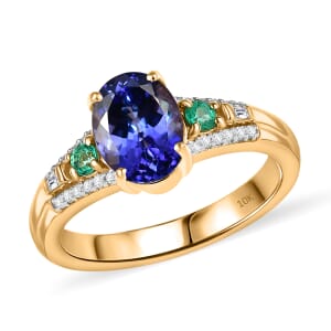 Luxoro AAA Tanzanite, Boyaca Colombian Emerald and Diamond I2 2.10 ctw Ocean Serenade Ring in 10K Yellow Gold (Size 7.0)