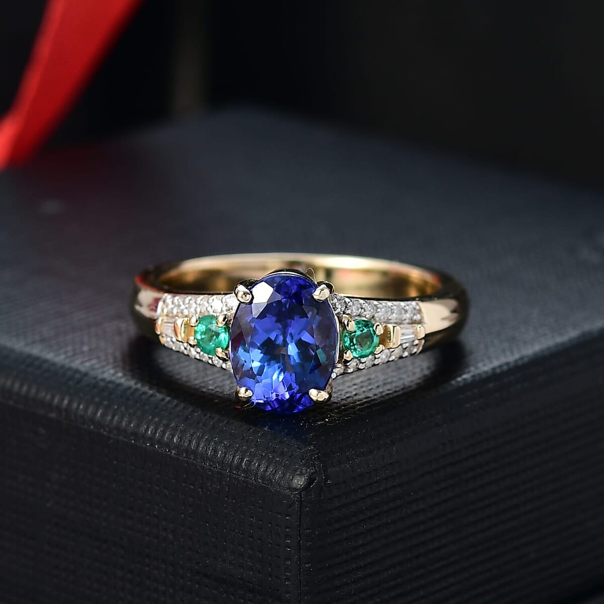 Luxoro AAA Tanzanite, Boyaca Colombian Emerald and Diamond I2 1.80 ctw Ocean Serenade Ring in 10K Yellow Gold (Size 6.0) image number 1