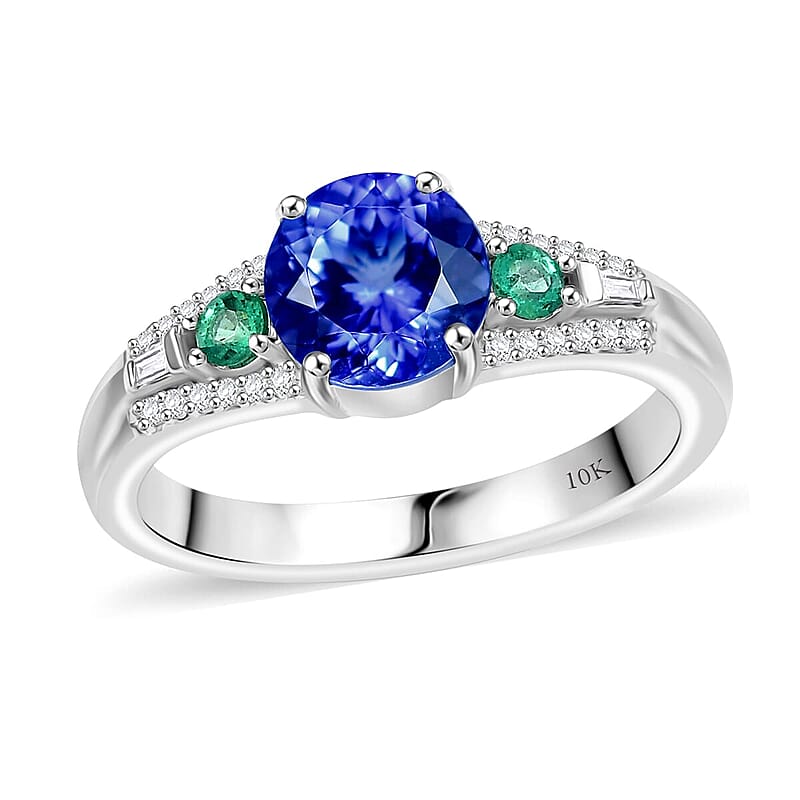 Luxoro 10K White Gold AAA Tanzanite, Boyaca Colombian Emerald, Diamond (I2) Ocean Serenade Ring (Size 10.0) 1.70 ctw
