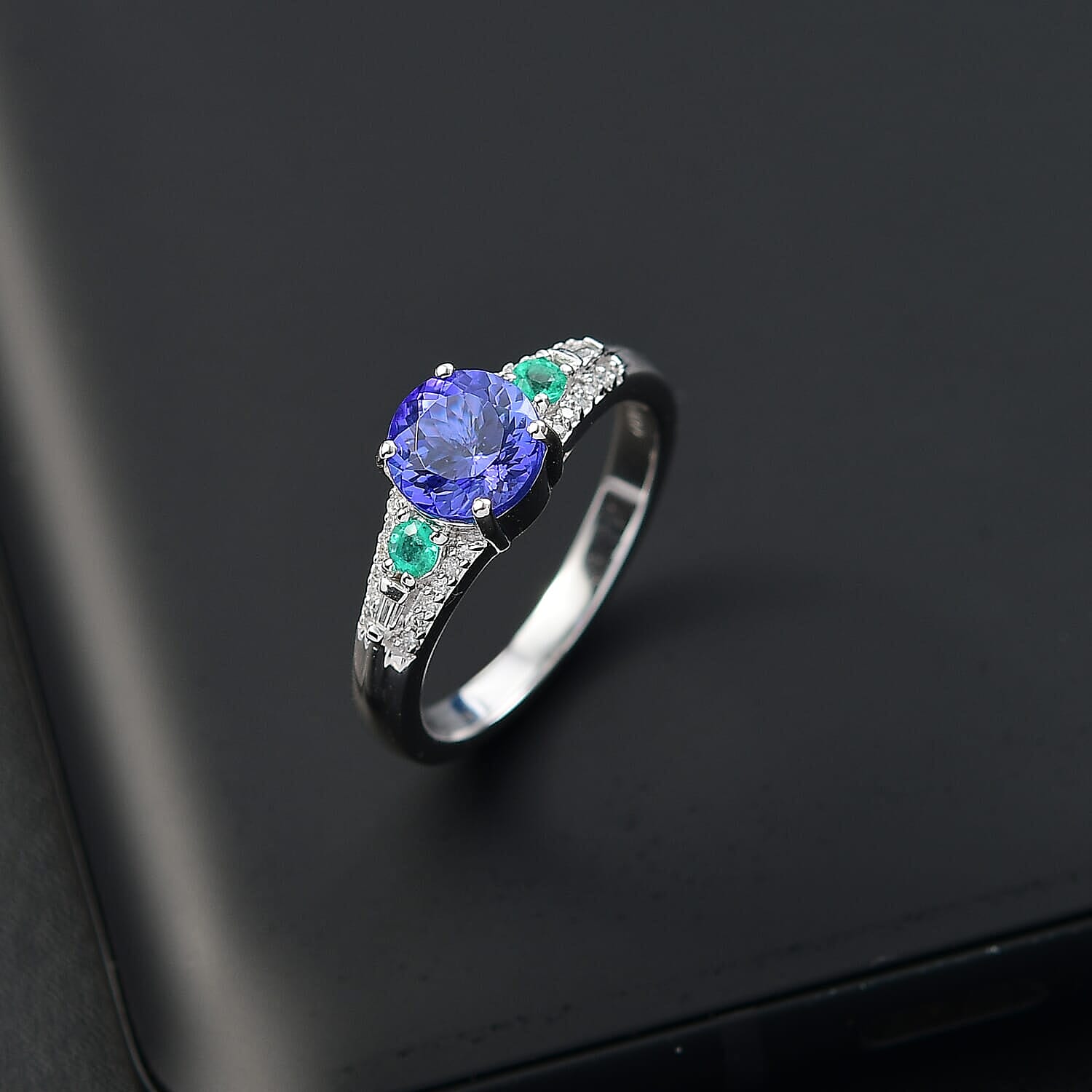 Luxoro 10K White Gold AAA Tanzanite, Boyaca Colombian Emerald, Diamond (I2) Ocean Serenade Ring (Size 5.0) 1.70 ctw