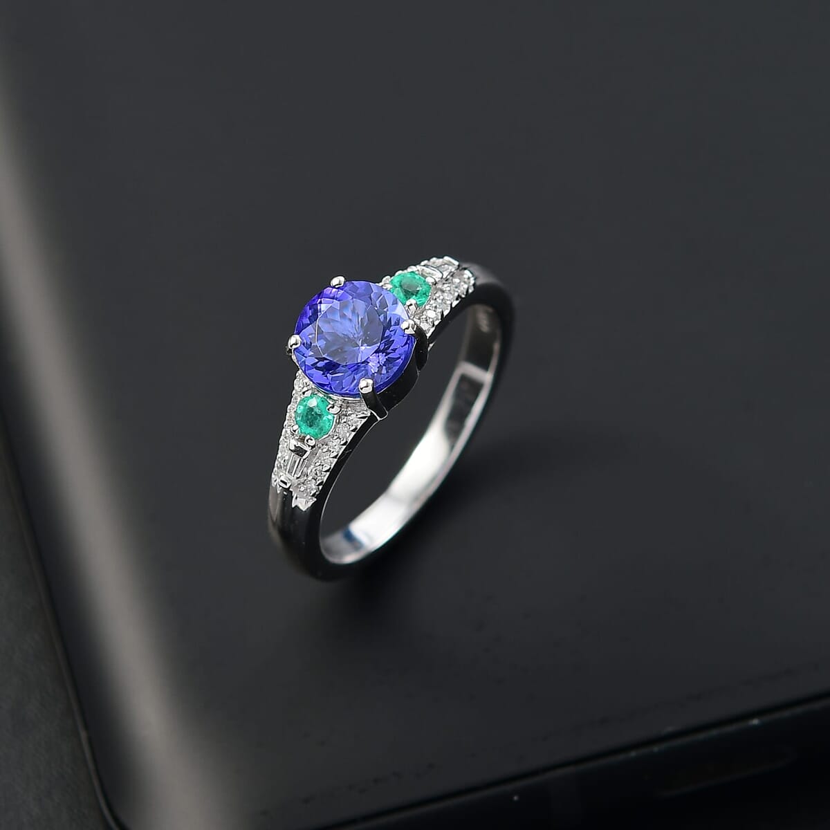 Luxoro AAA Tanzanite, Boyaca Colombian Emerald and Diamond I2 1.70 ctw Ocean Serenade Ring in 10K White Gold (Size 6.0) image number 1