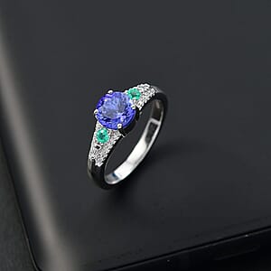Luxoro 10K White Gold AAA Tanzanite, Boyaca Colombian Emerald, Diamond (I2) Ocean Serenade Ring (Size 5.0) 1.70 ctw