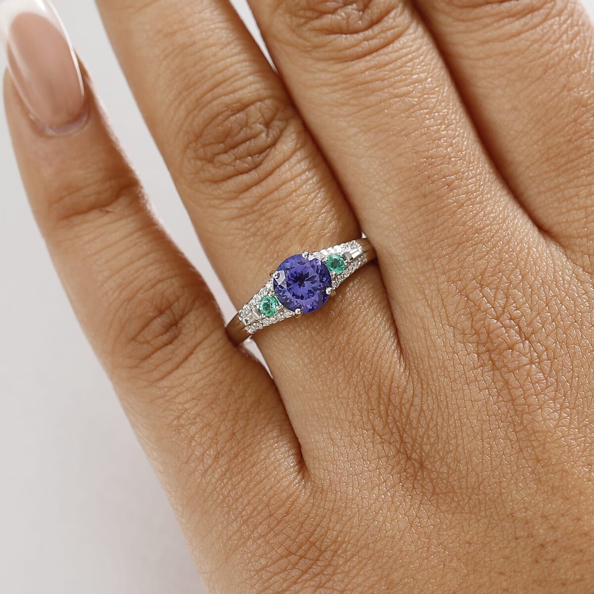 Luxoro AAA Tanzanite, Boyaca Colombian Emerald and Diamond I2 1.70 ctw Ocean Serenade Ring in 10K White Gold (Size 6.0) image number 2