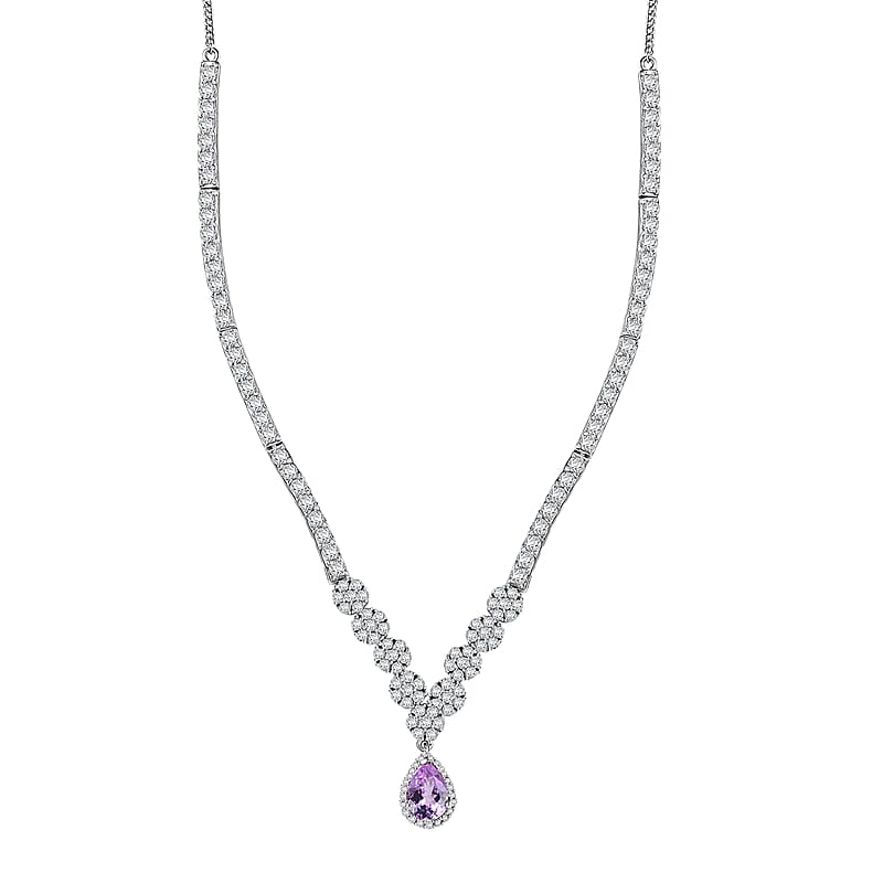 D'Joy Premium Martha Rocha Kunzite and White Zircon 18.50 ctw Celestial Dewdrop Necklace in Rhodium Over Sterling Silver 18 Inches