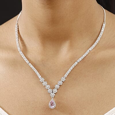 D'Joy Premium Martha Rocha Kunzite and White Zircon 18.50 ctw Celestial Dewdrop Necklace in Rhodium Over Sterling Silver 18 Inches