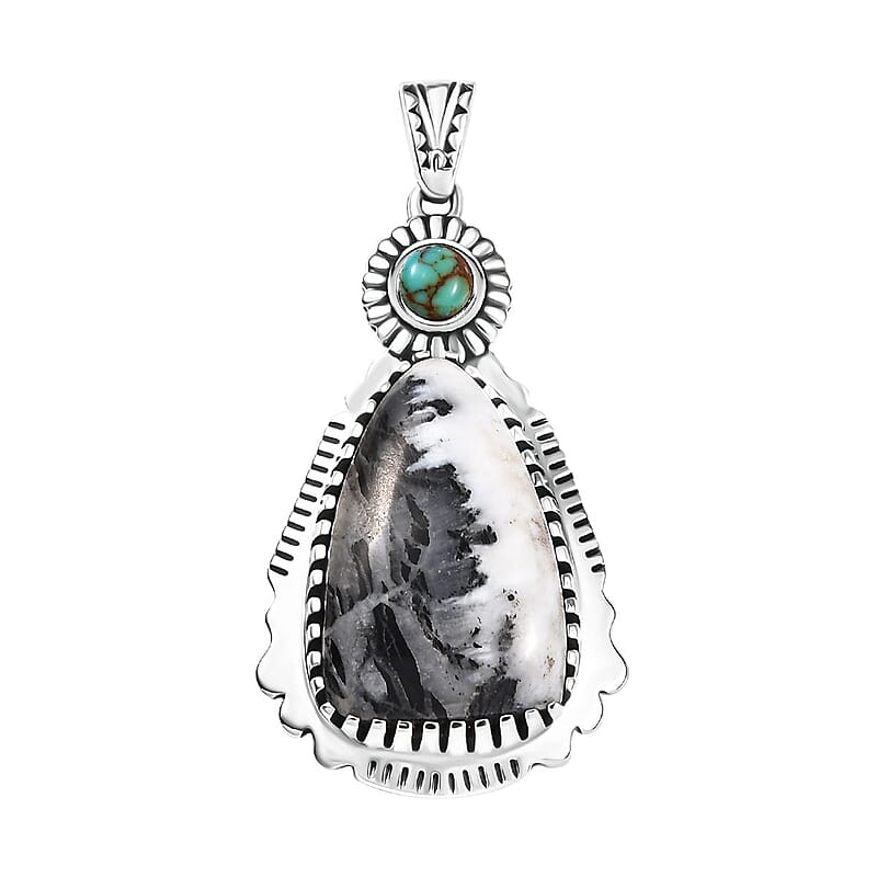 D'Joy Artisan Crafted White Buffalo and Royston Turquoise 13.35 ctw Sunflower Pendant without Chain in Sterling Silver 