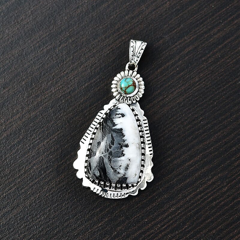 D'Joy Artisan Crafted White Buffalo and Royston Turquoise 13.35 ctw Sunflower Pendant without Chain in Sterling Silver 