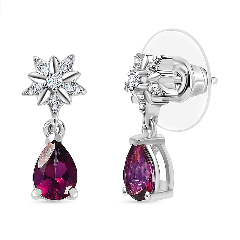 D'Joy Crimson Mystic Topaz and White Zircon 1.85 ctw Star Drop Earrings in Rhodium Over Sterling Silver