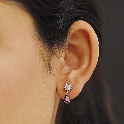 D'Joy Crimson Mystic Topaz and White Zircon 1.85 ctw Star Drop Earrings in Rhodium Over Sterling Silver