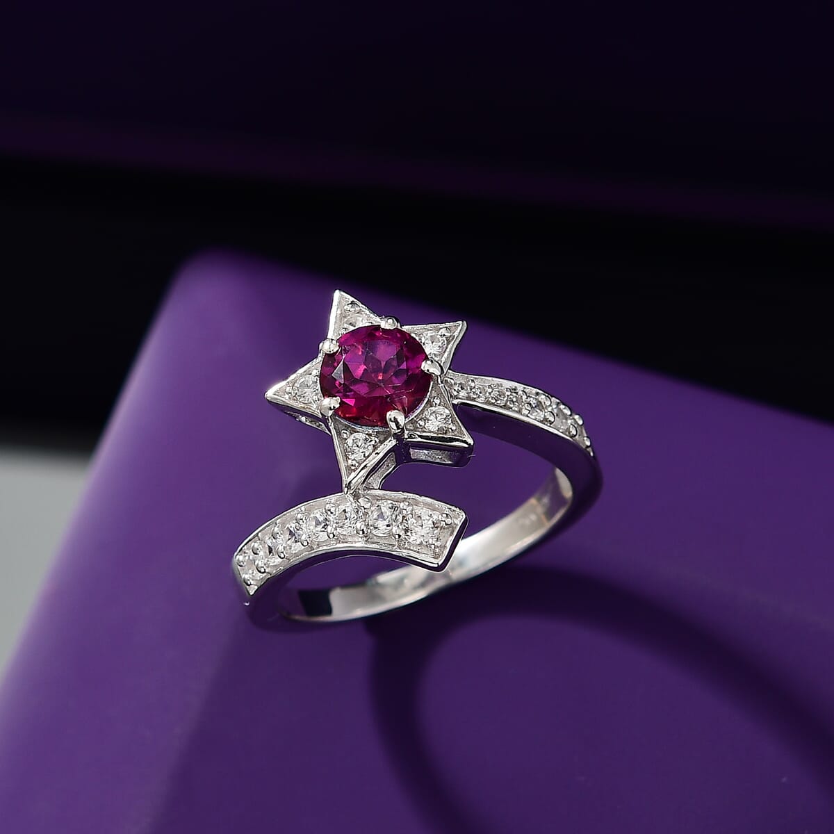 Crimson Mystic Topaz ,  White Zircon  Fancy Ring in Rhodium Overlay Sterling Silver 1.30 ctw image number 1