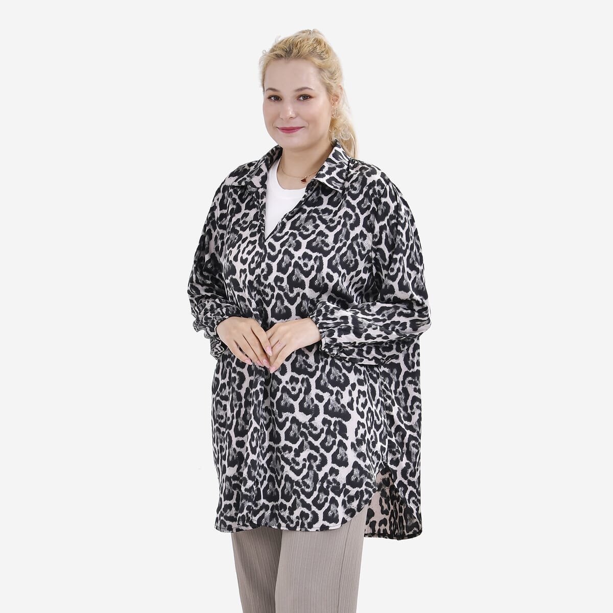 La Marey Yellow Leopard Pattern Soft Satin Shirt - S/M image number 0