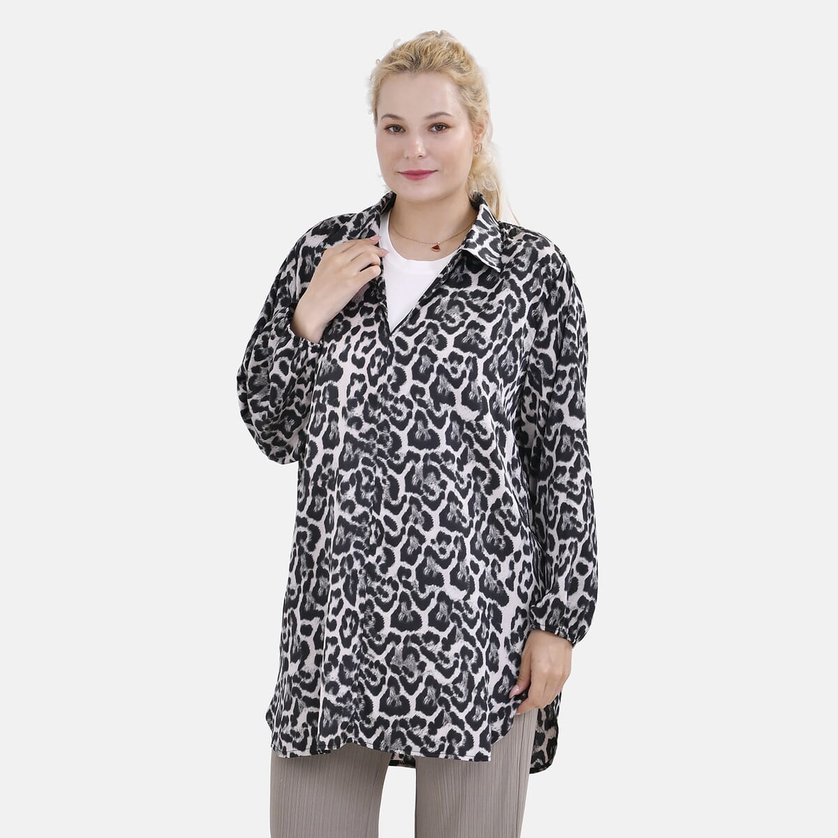La Marey Yellow Leopard Pattern Soft Satin Shirt - S/M image number 3