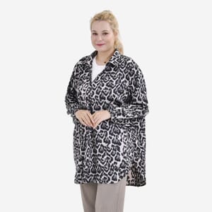 La Marey Black Leopard Oversized Soft Satin Button-Up Collared Shirt – L/XL