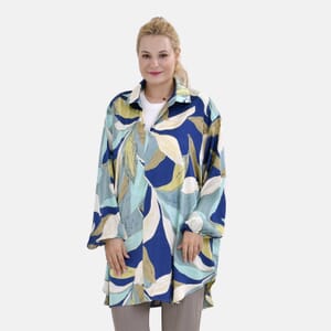 La Marey Blue Floral Oversized Soft Satin Button-Up Collared Shirt – S/M
