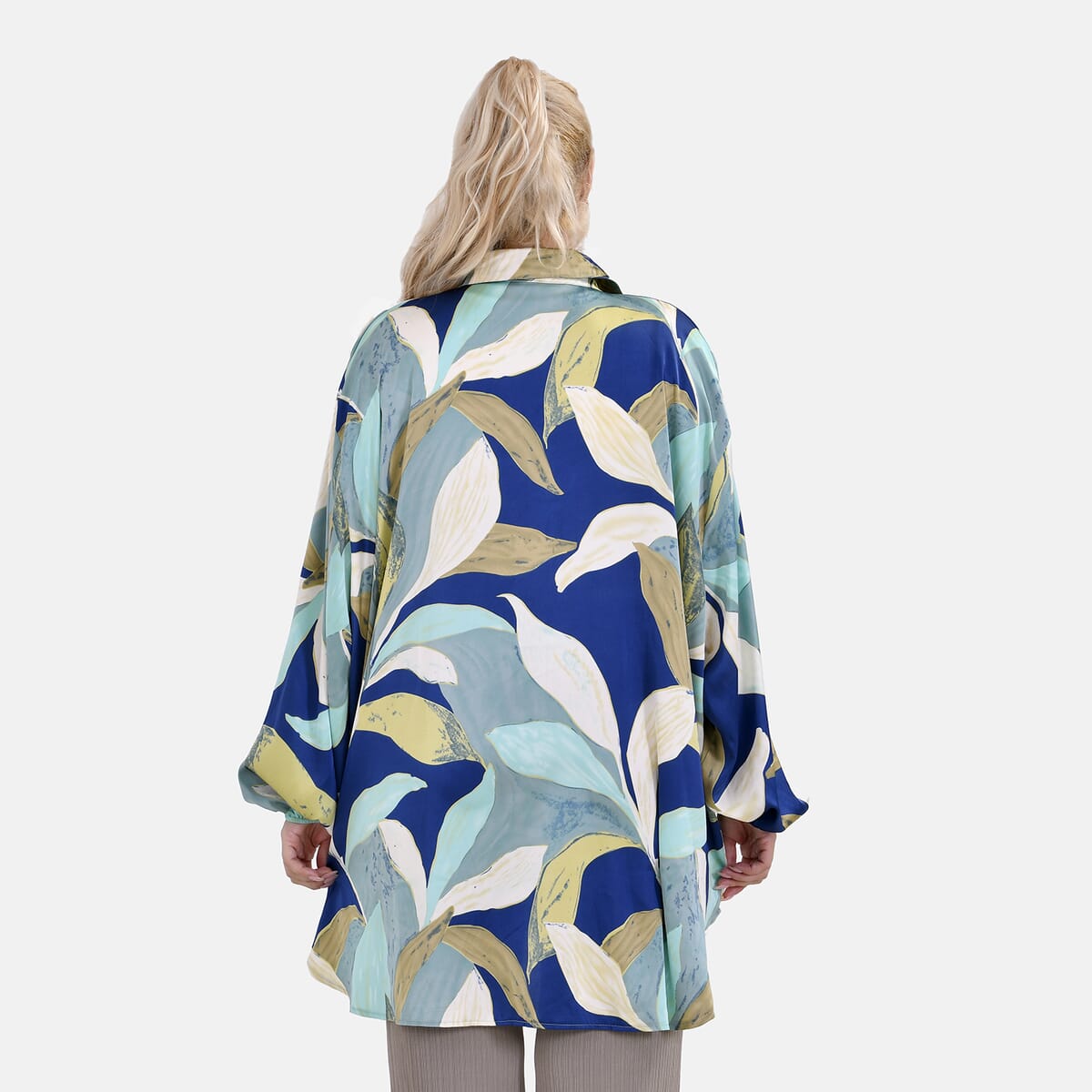 La Marey Blue Floral Oversized Soft Satin Button-Up Collared Shirt – S/M image number 1