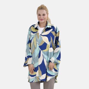 La Marey Blue Floral Oversized Soft Satin Button-Up Collared Shirt – L/XL