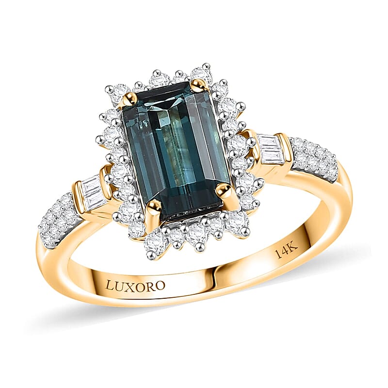 Luxoro 14K Yellow Gold AAA Pirineu Lagoon Tourmaline, Diamond (I2) Art Deco Halo Ring (Size 10.0) 2.40 ctw