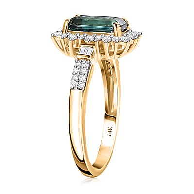 Luxoro 14K Yellow Gold AAA Pirineu Lagoon Tourmaline, Diamond (I2) Art Deco Halo Ring (Size 10.0) 2.40 ctw