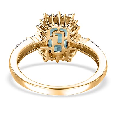 Luxoro 14K Yellow Gold AAA Pirineu Lagoon Tourmaline, Diamond (I2) Art Deco Halo Ring (Size 10.0) 2.40 ctw