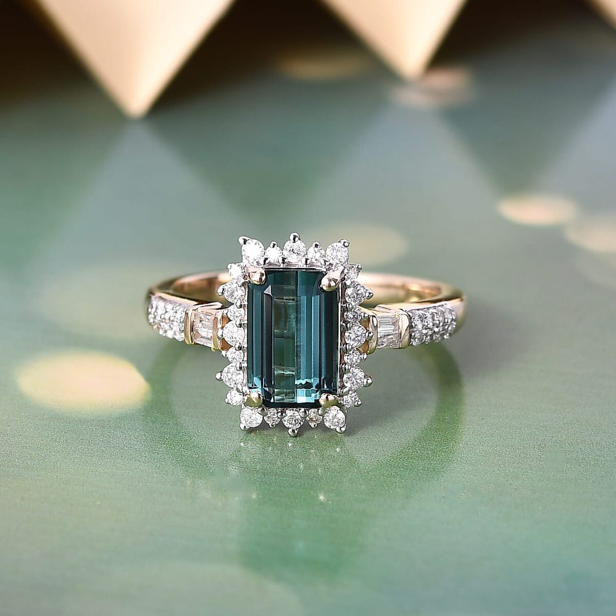 Luxoro AAA Pirineu Lagoon Tourmaline and Diamond I2 2.40 ctw Art Deco Halo Ring in 14K Yellow Gold (Size 6.0) image number 1