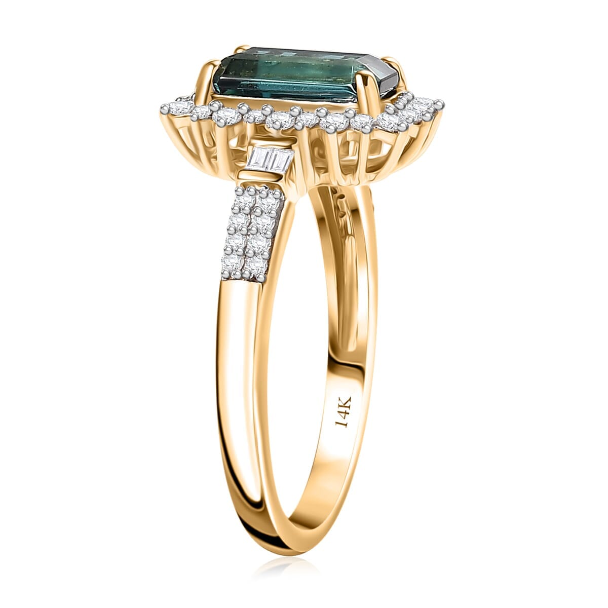 Luxoro AAA Pirineu Lagoon Tourmaline and Diamond I2 2.40 ctw Art Deco Halo Ring in 14K Yellow Gold (Size 6.0) image number 3